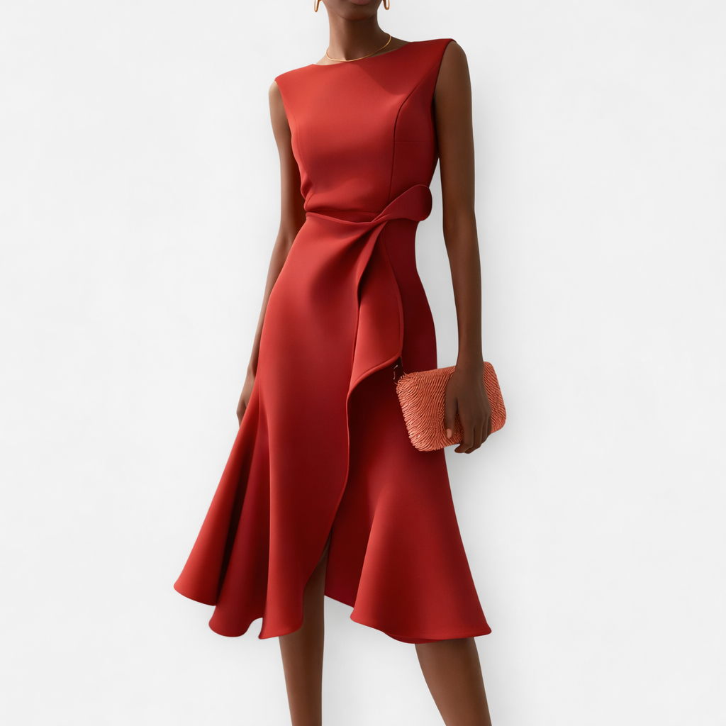 Women's Asymmetric Midi Dress Sleeveless Draped Hem Satin Fabric