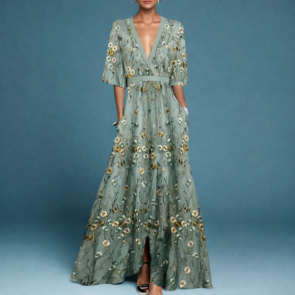 Women's Floral Maxi Dress V Neck Bell Sleeve Embroidered Flowing