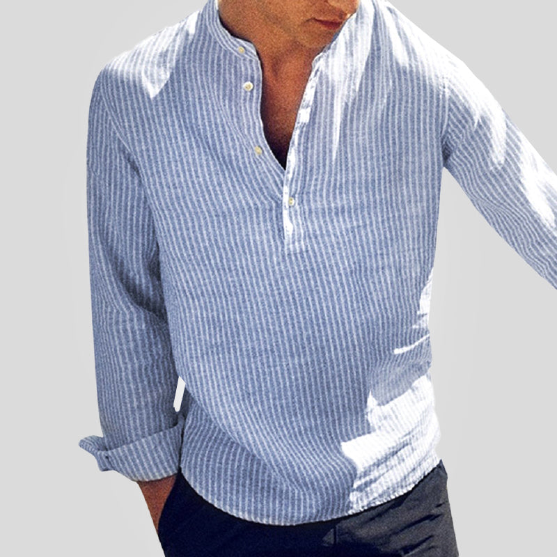 Men's Henley Shirt Cotton Linen Blend Stripe Long Sleeve Relaxed Fit