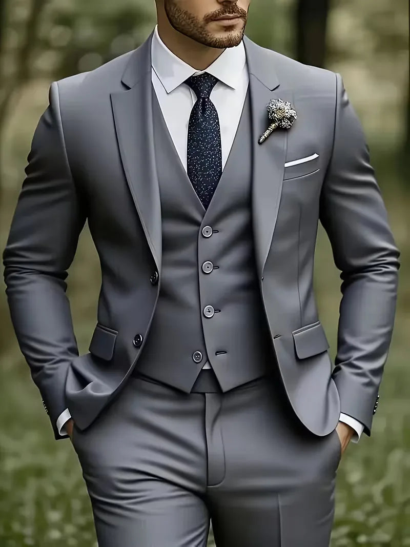 Men's Three Piece Suit Woven Fabric Peak Lapel Tailored Fit Formal
