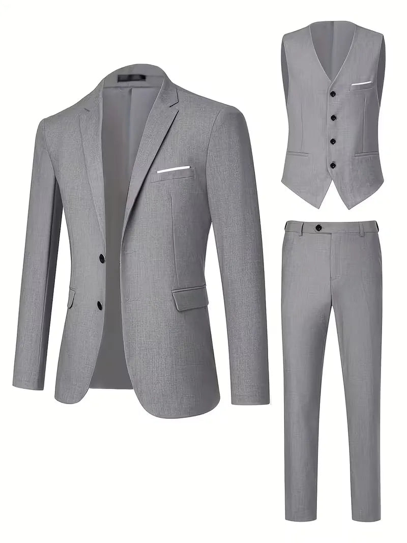 Men's Three Piece Suit Woven Fabric Peak Lapel Tailored Fit Formal