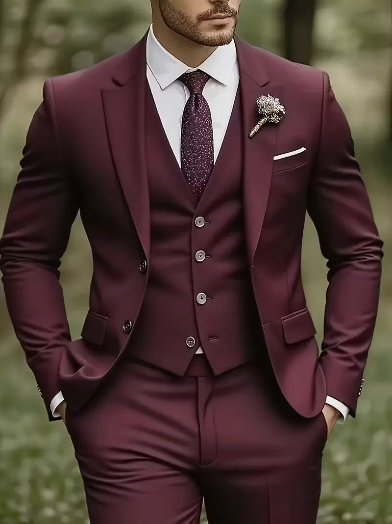 Men's Three Piece Suit Woven Fabric Peak Lapel Tailored Fit Formal