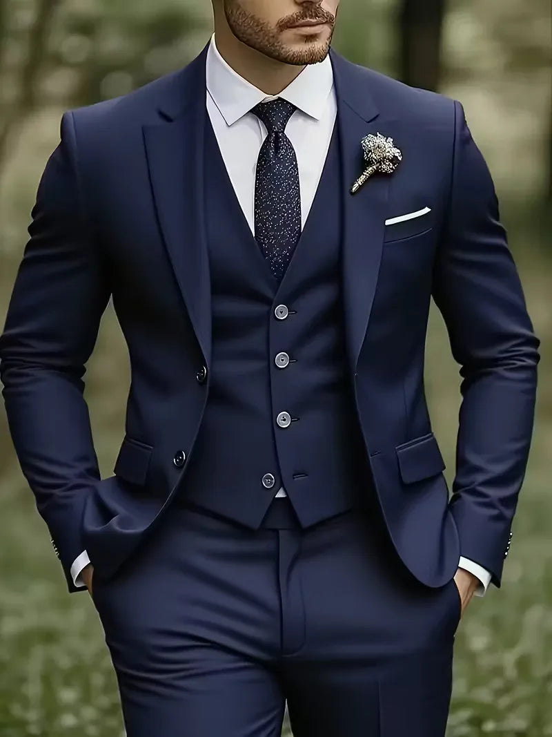 Men's Three Piece Suit Woven Fabric Peak Lapel Tailored Fit Formal