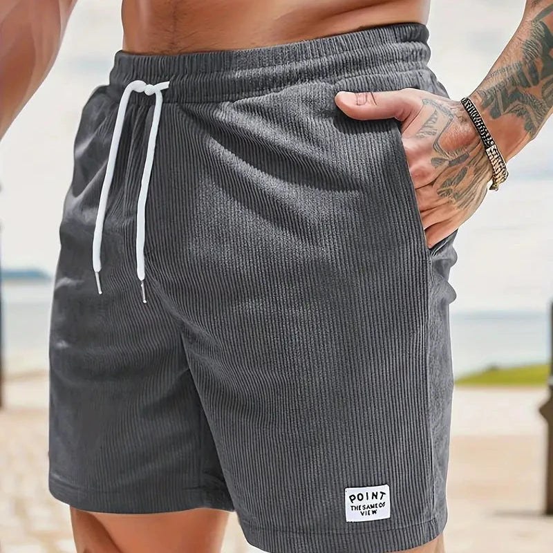 Men's Ribbed Shorts Corduroy Drawstring Waist Side Pockets Casual