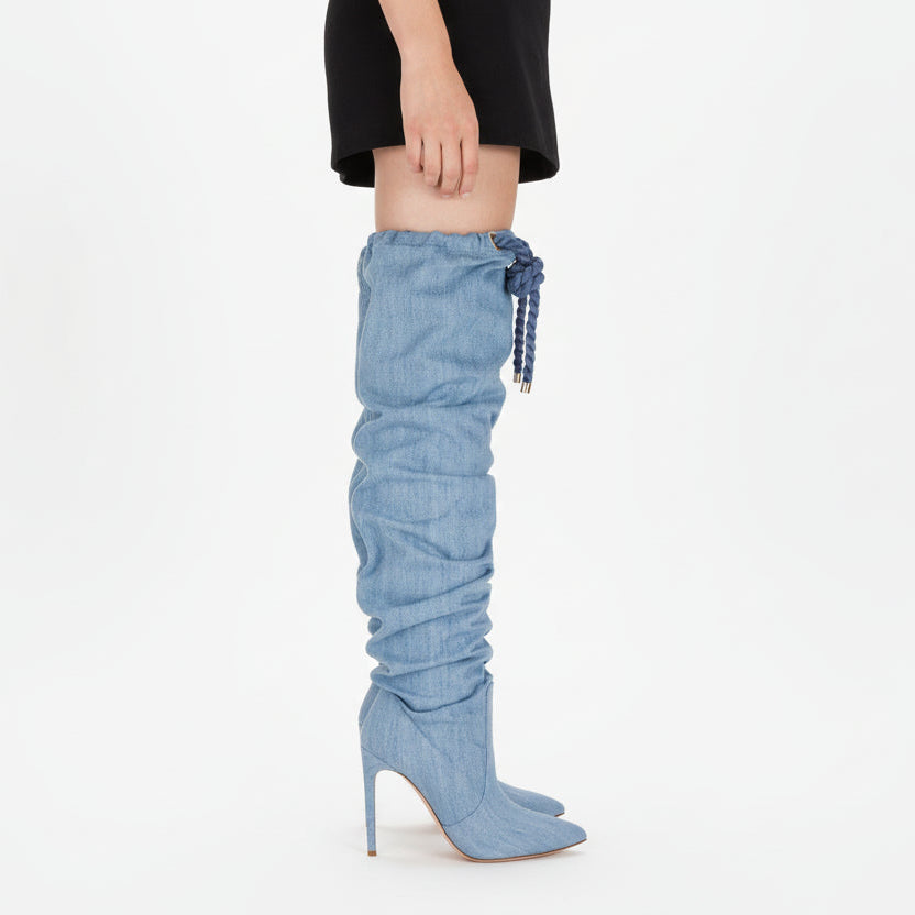 Zirelva / Womenâs Lace-Up Denim Knee-High Boots