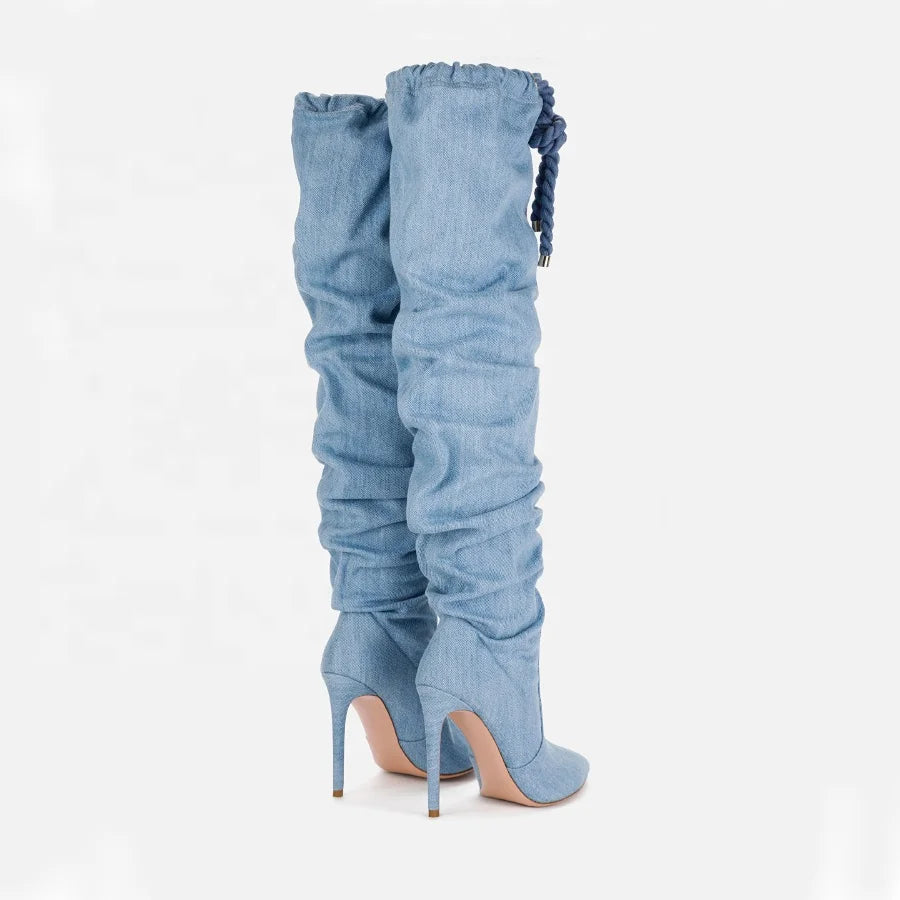Knee-High Boots in Denim with Lace-Up
