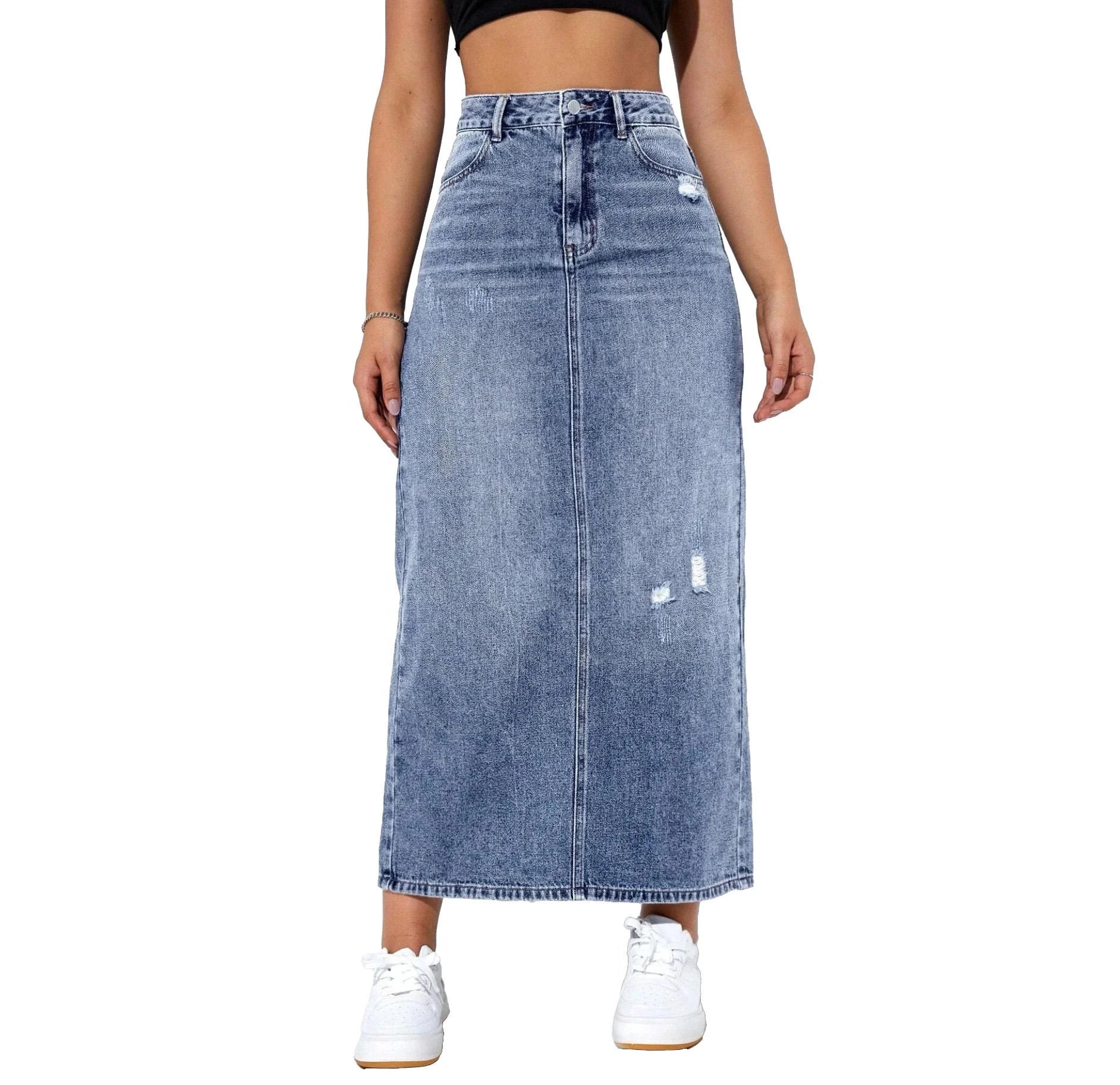 Elanira / Womenâs High-Waist Midi Denim Skirt