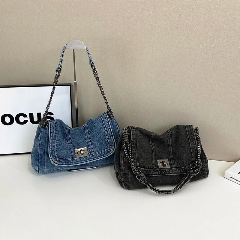 Zarelle / Womenâs Woven Denim Crossbody Bag with Chain Strap