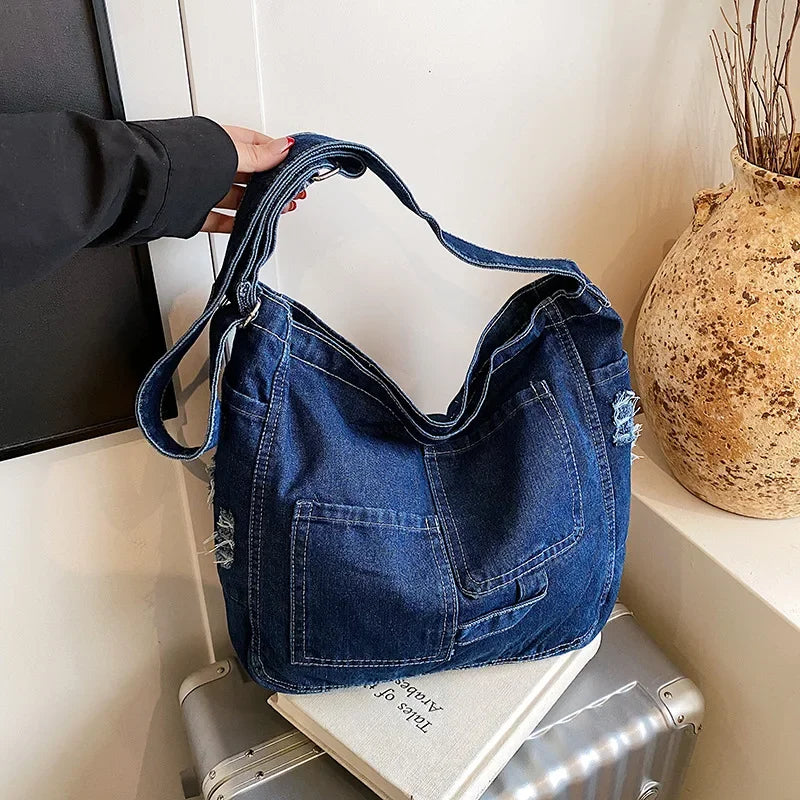 Shoulder Tote Bag in Denim with Large Capacity