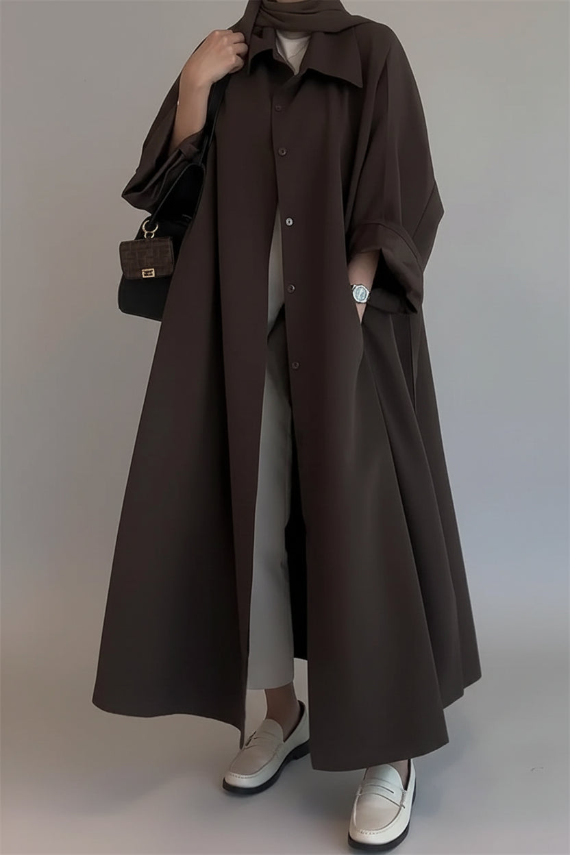 Elvara / Womenâs X-Long Single-Breasted Coat with Turn-Down Collar