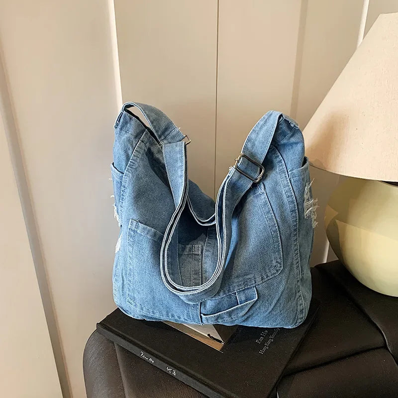 Shoulder Tote Bag in Denim with Large Capacity