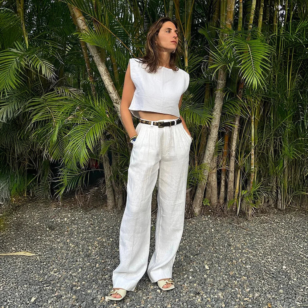 Co-Ord Set Sleeveless Vest and Wide-Leg Pants in Linen Blend