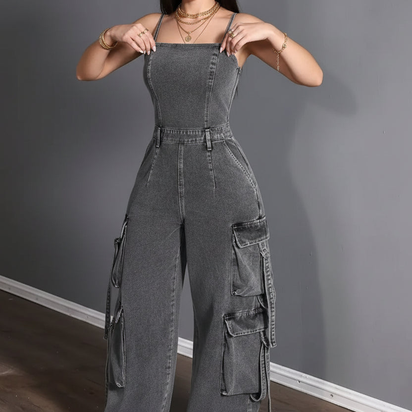 Maelira / Women’s Wide-Leg Cargo Denim Jumpsuit