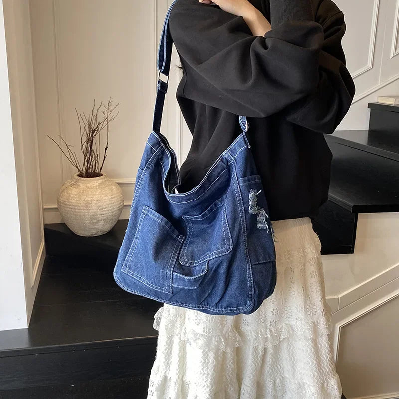 Shoulder Tote Bag in Denim with Large Capacity