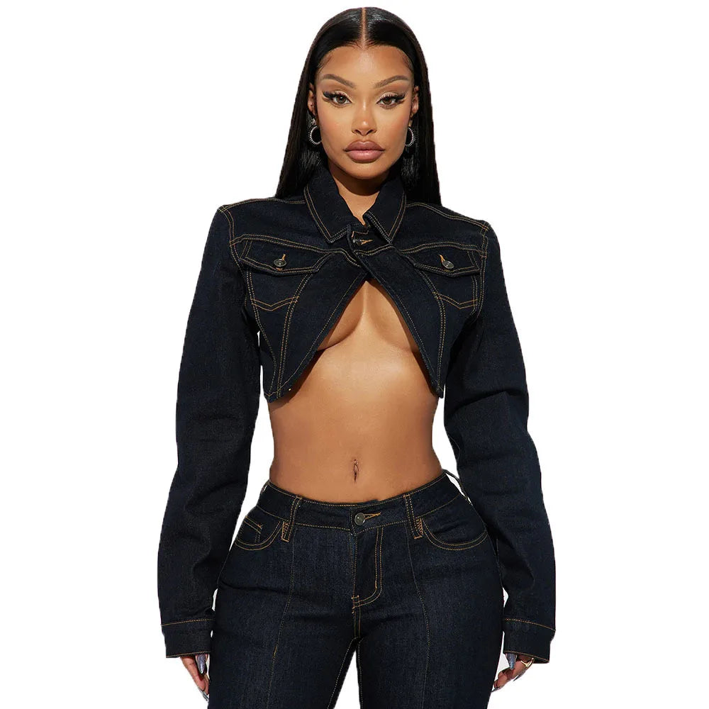 Elowyn / Women’s Dark Wash Denim Jacket with Turn-Down Collar