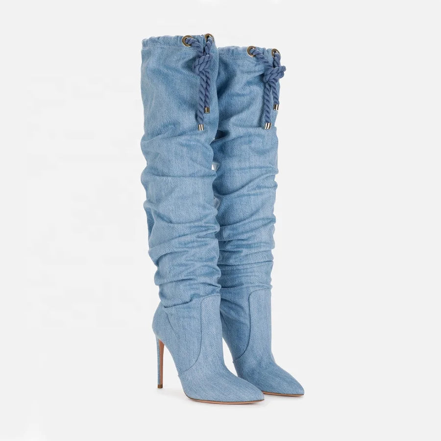 Zirelva / Womenâs Lace-Up Denim Knee-High Boots