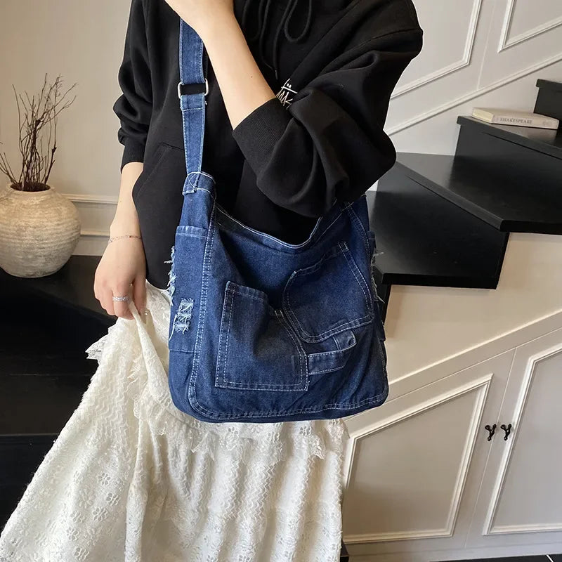 Shoulder Tote Bag in Denim with Large Capacity