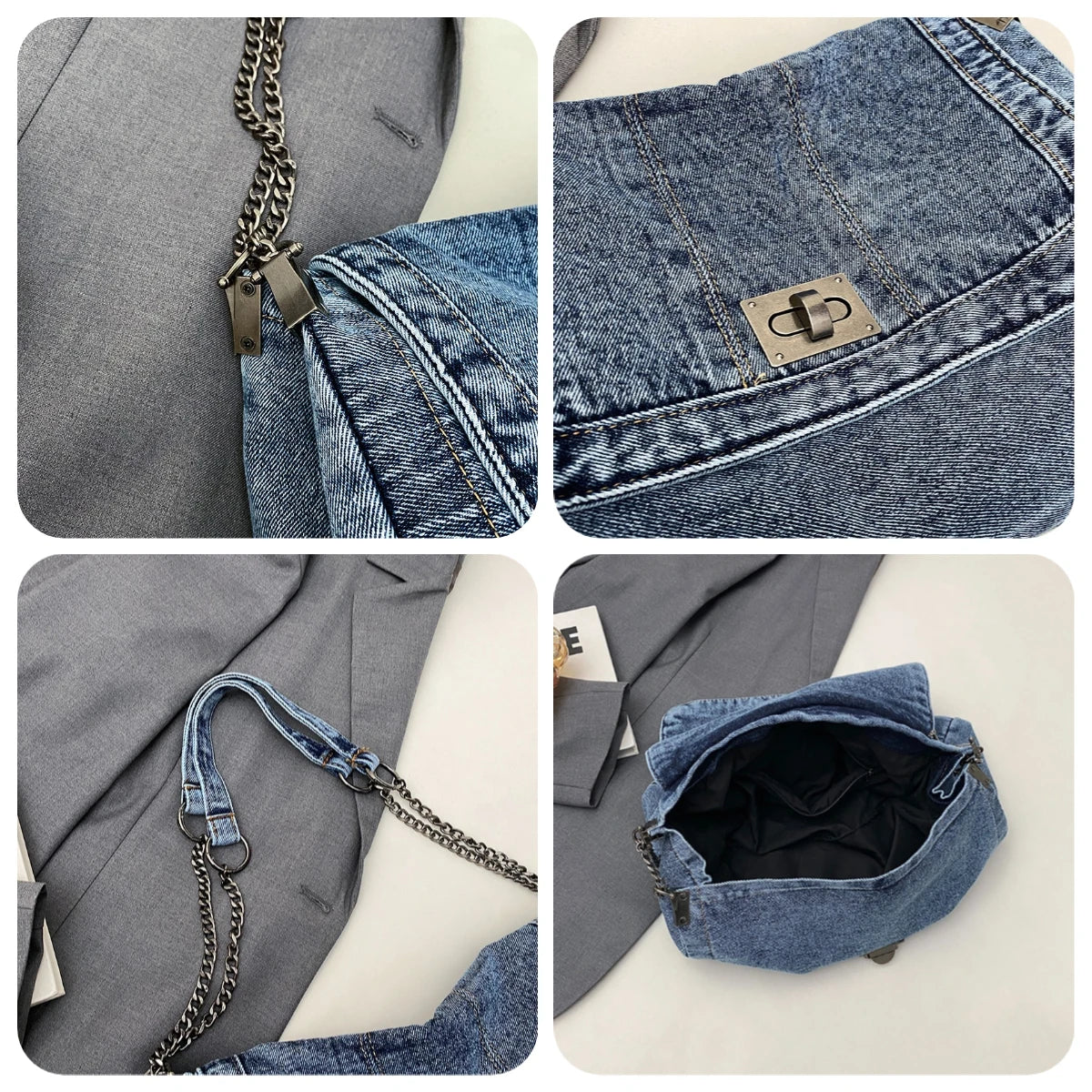 Crossbody Bag in Woven Denim with Chain Strap