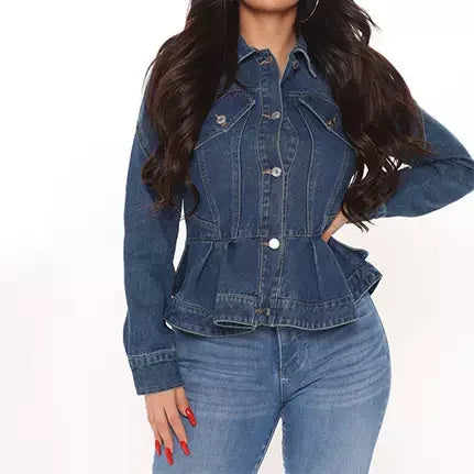 Virelle / Women’s Washed Denim Jacket with Ruffle Waist Detail