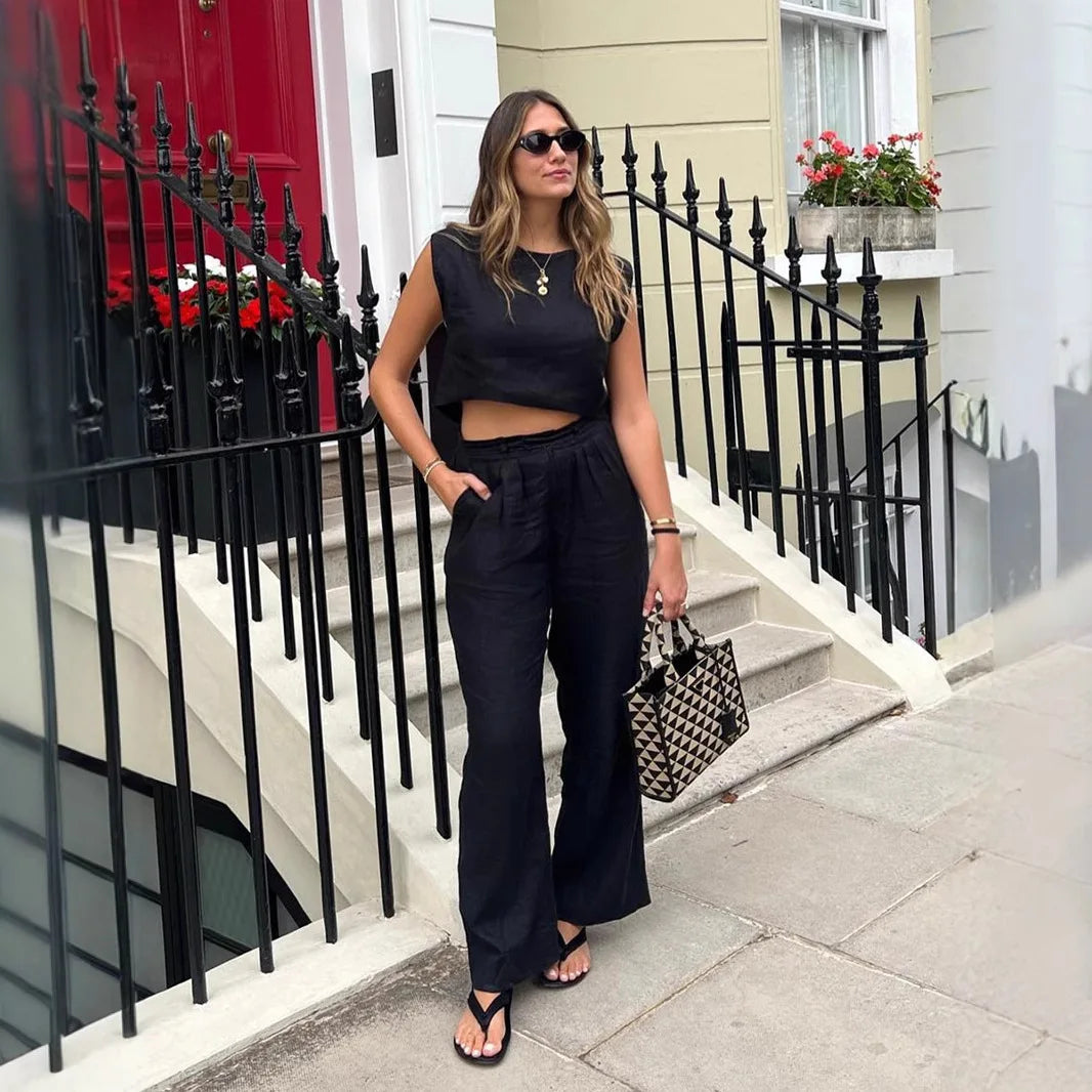 Co-Ord Set Sleeveless Vest and Wide-Leg Pants in Linen Blend