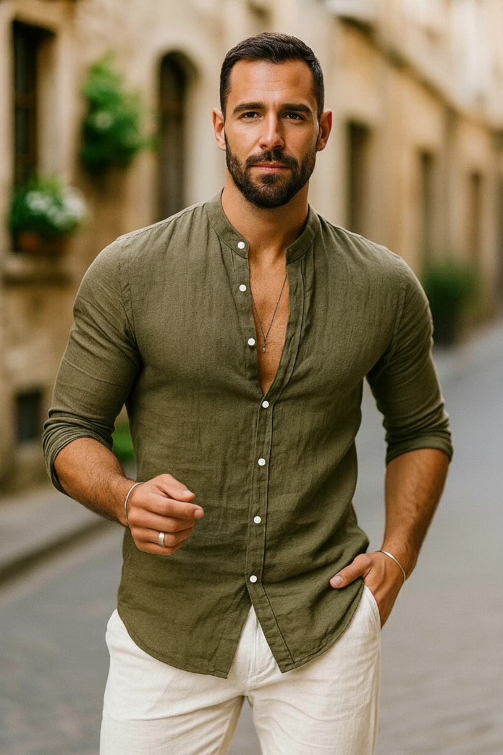 Three Quarter Sleeve Casual Shirt Men Linen Blend Relaxed Fit Holiday