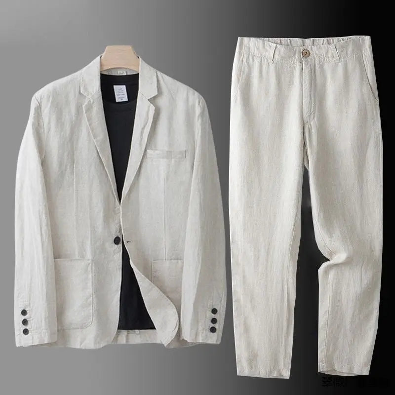 Men's Linen Blend Suit Two Piece Notch Lapel Relaxed Fit Smart Casual