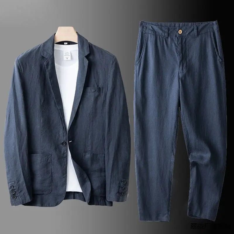 Men's Linen Blend Suit Two Piece Notch Lapel Relaxed Fit Smart Casual