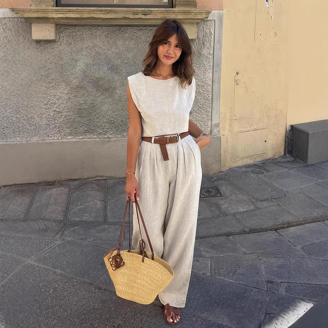 Co-Ord Set Sleeveless Vest and Wide-Leg Pants in Linen Blend