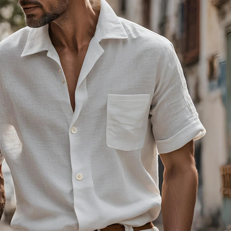 Short Sleeve Shirt in Striped Linen-Cotton
