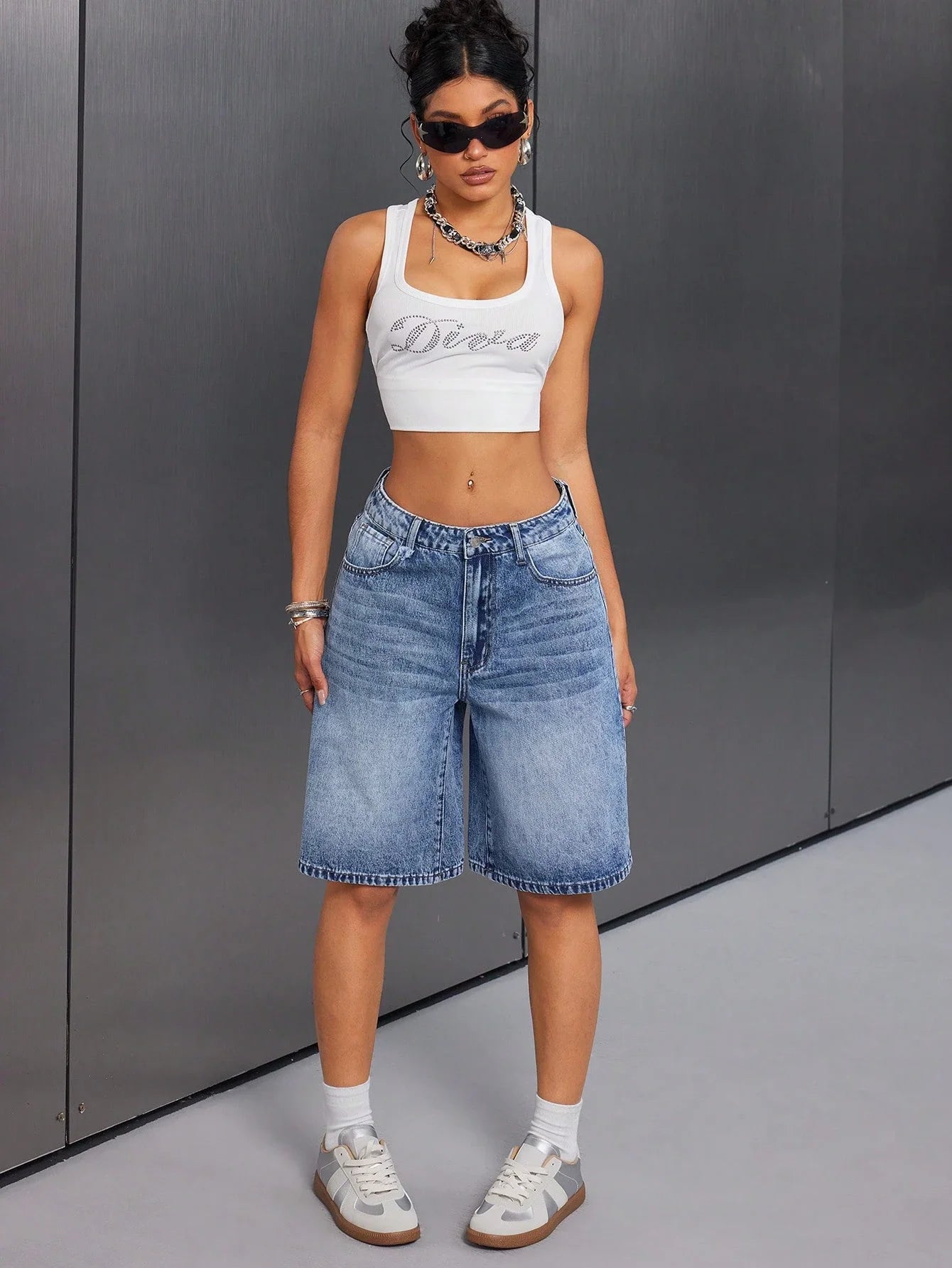 Denim Shorts with High Waist and Straight Cut