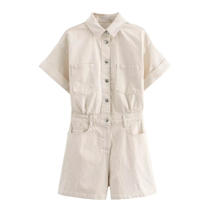 Velora / Womenâs Short Sleeve Denim Jumpsuit with Lapel Collar