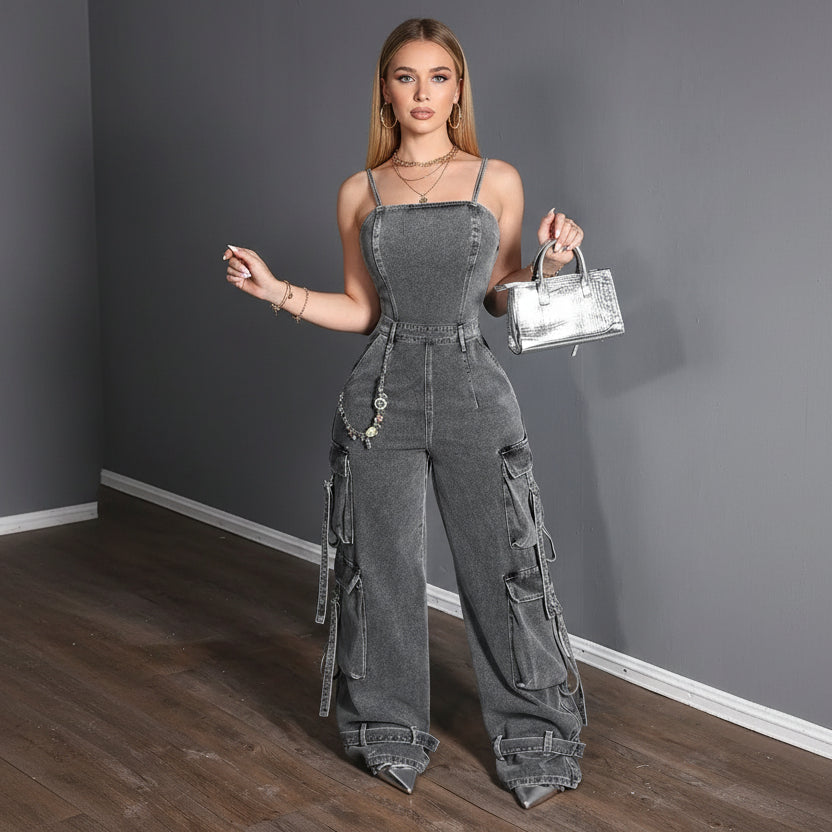 Maelira / Women’s Wide-Leg Cargo Denim Jumpsuit
