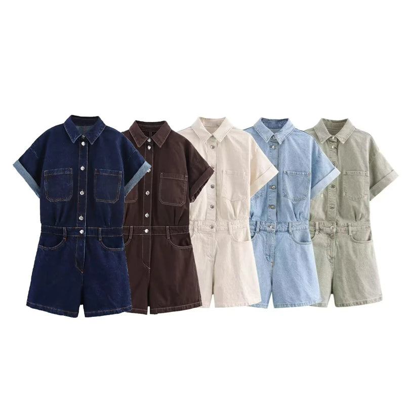 Velora / Womenâs Short Sleeve Denim Jumpsuit with Lapel Collar