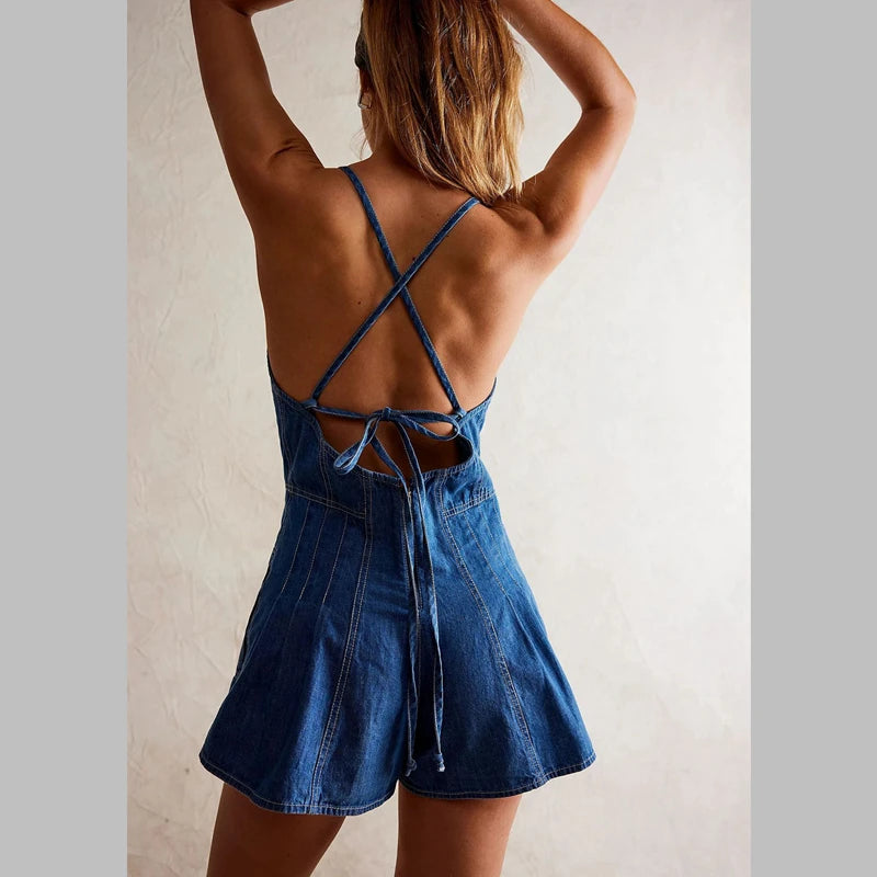 Denim Romper Sleeveless with Tie Back