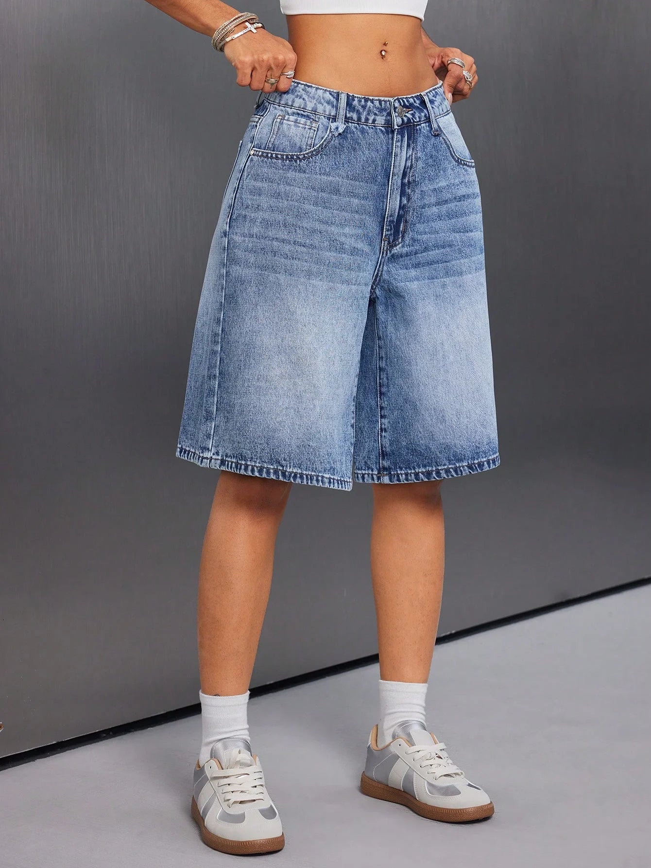 Denim Shorts with High Waist and Straight Cut