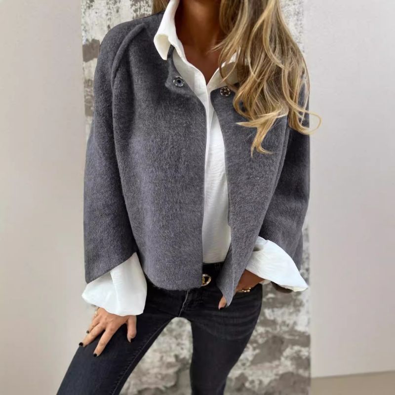 Women's Boucle Textured Jacket, Collarless Button-Front Coat with Wide Sleeves