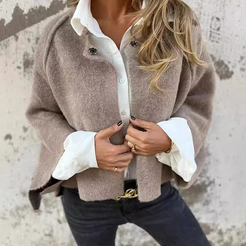 Women's Boucle Textured Jacket, Collarless Button-Front Coat with Wide Sleeves