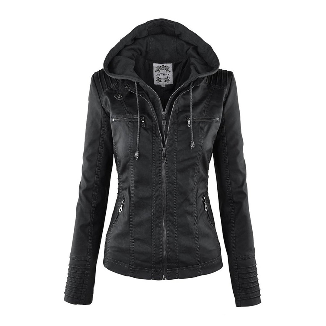 Women's Leather-Look Biker Jacket, Detachable Hood Fitted Zip Coat