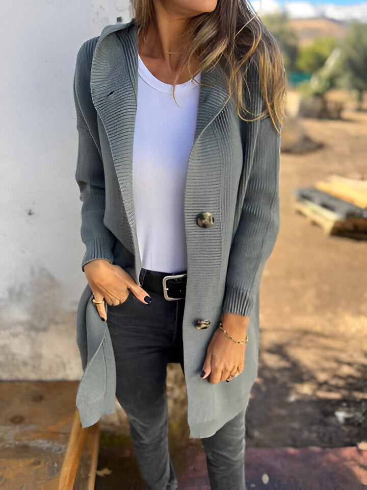 Women's Longline Hooded Cardigan, Button-Front Ribbed Knit Duster