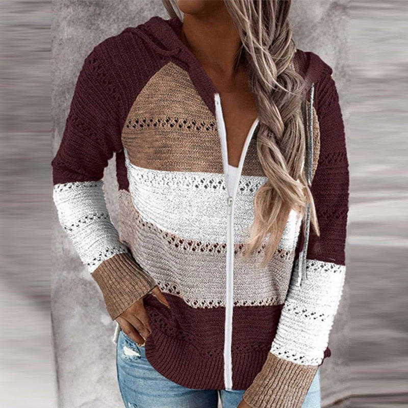 Women's Striped Knit Hooded Cardigan, Zip-Up Open Weave