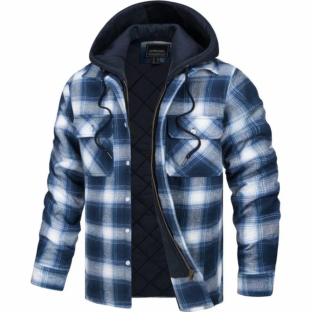 Men's Hooded Flannel Shirt Jacket, Quilted Lined Check Overshirt with Snap Buttons
