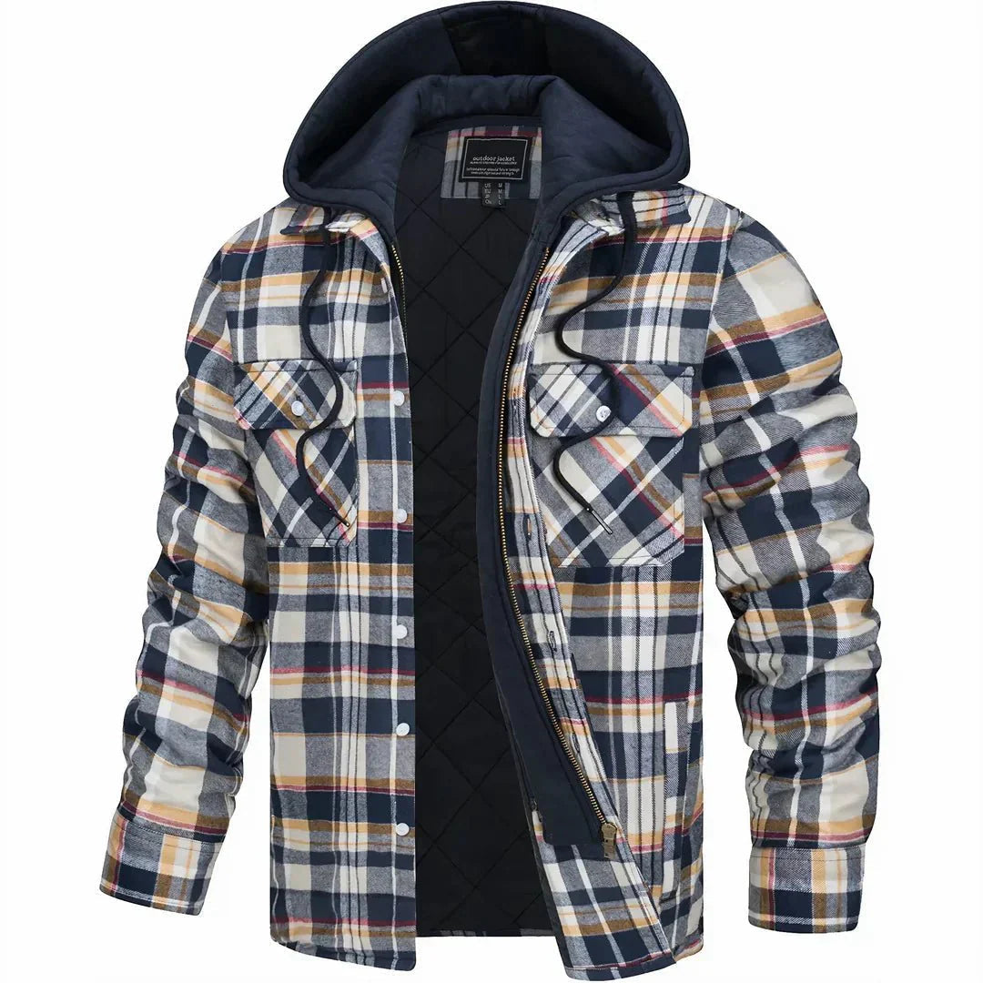 Men's Hooded Flannel Shirt Jacket, Quilted Lined Check Overshirt with Snap Buttons