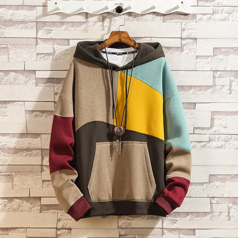 Men’s Colour Block Pullover Hoodie with Patchwork Panels, Drawstring Hood and Kangaroo Pocket