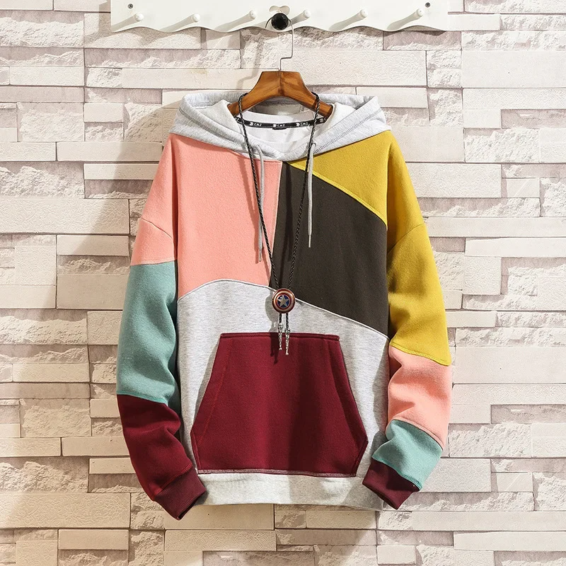 Men’s Colour Block Pullover Hoodie with Patchwork Panels, Drawstring Hood and Kangaroo Pocket