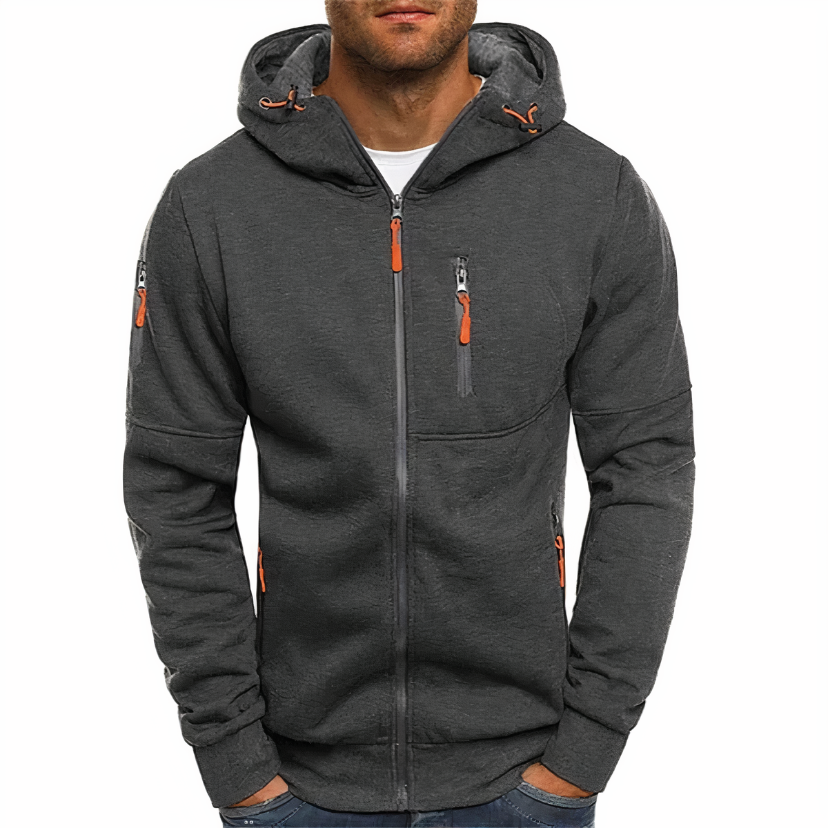 Men's Zip Up Hoodie with Drawstring Hood and Zip Pockets