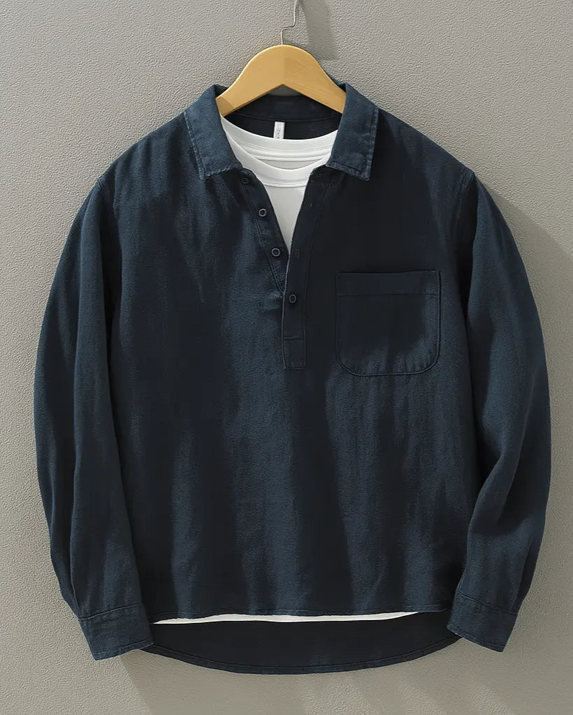 Men's Popover Shirt Cotton Linen Blend Half Button Chest Pocket Relaxed