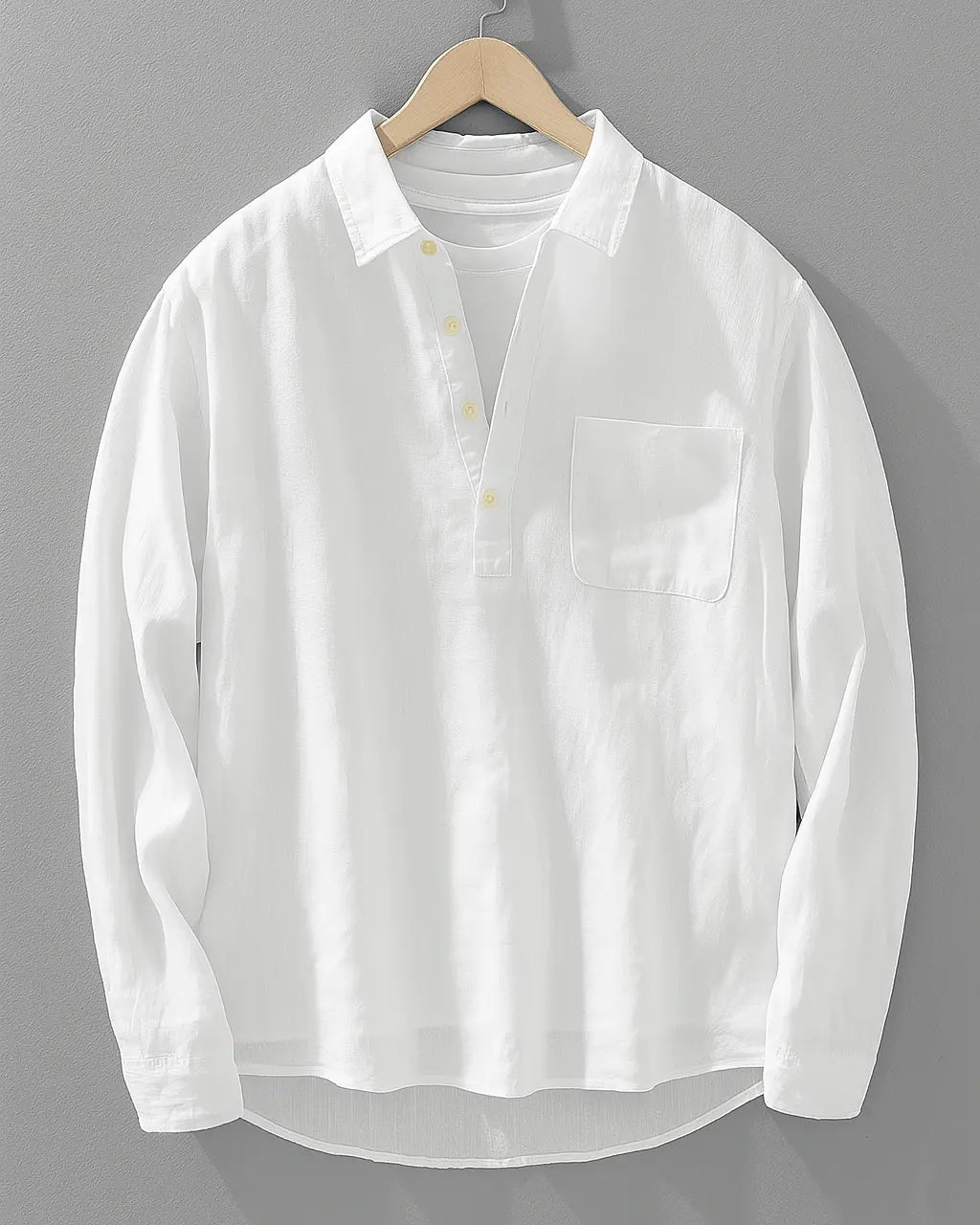 Men's Popover Shirt Cotton Linen Blend Half Button Chest Pocket Relaxed