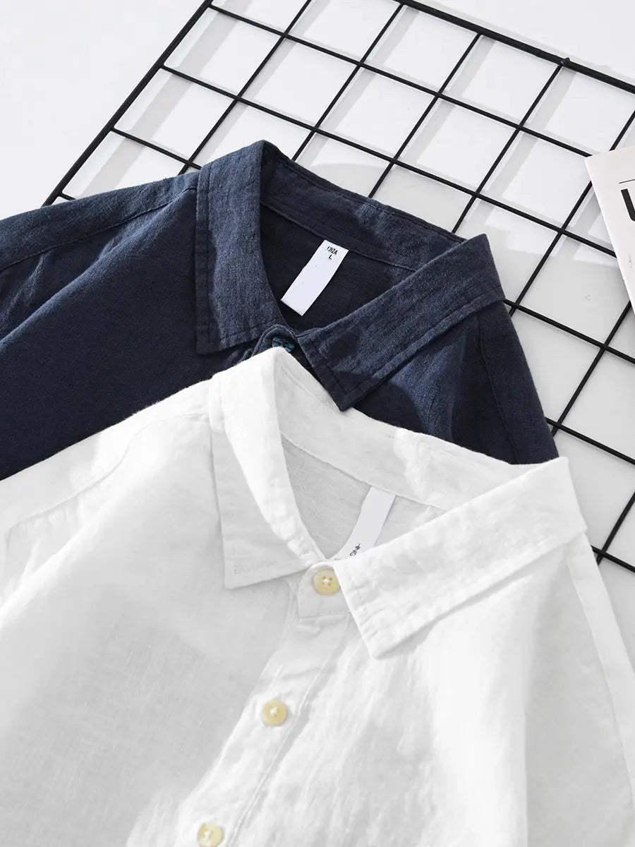 Men's Popover Shirt Cotton Linen Blend Half Button Chest Pocket Relaxed