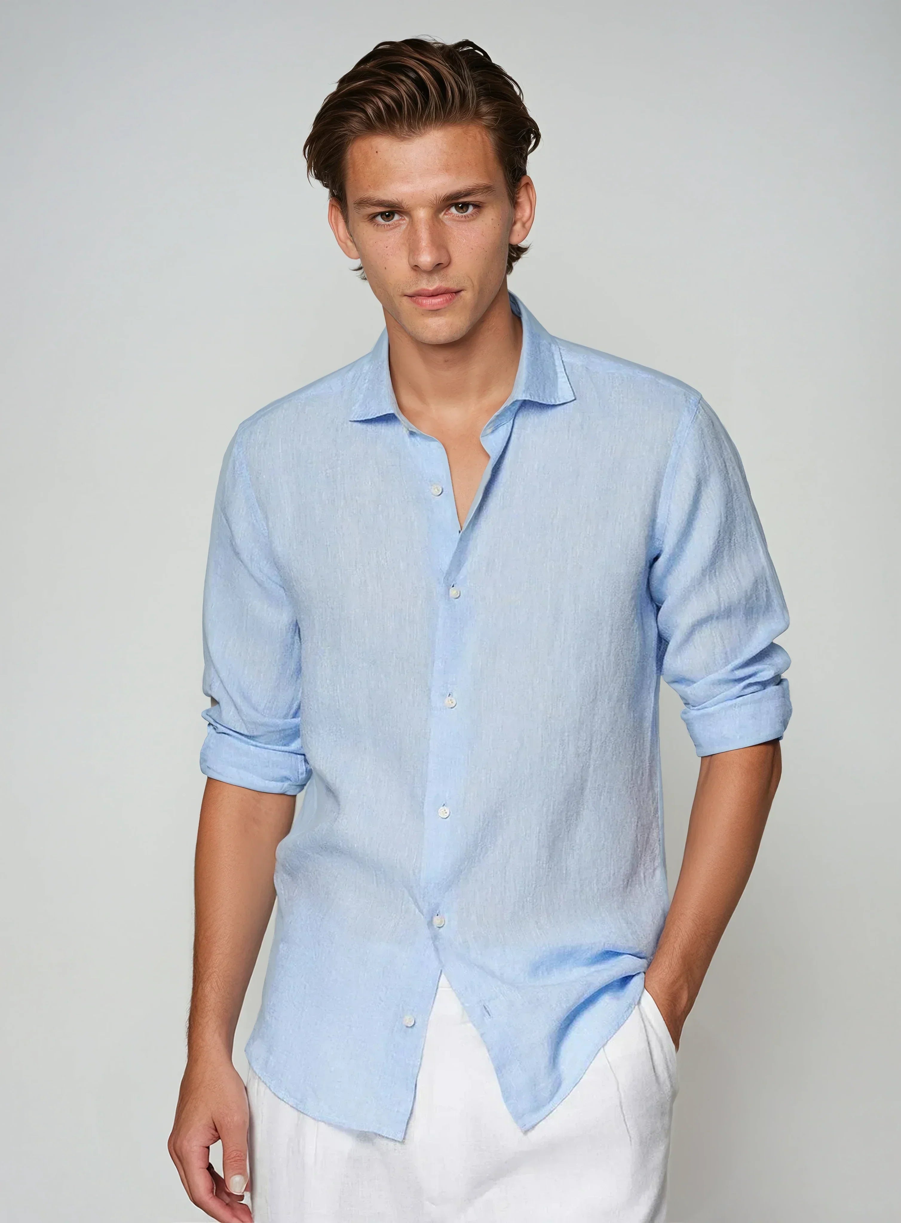 Men's Linen Shirt Camp Collar Long Sleeve Relaxed Fit Warm Weather
