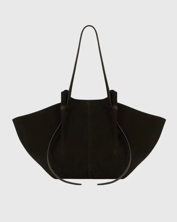Women’s Faux Suede Tote Bag with Oversized Winged Shape and Tie Fastening